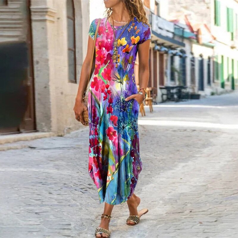 Summer New Bohemian Maxi Dress Short Sleeve Printed Retro Flower Casual Dress Pockets Mid-Calf O-Neck Vintage Dresses alx