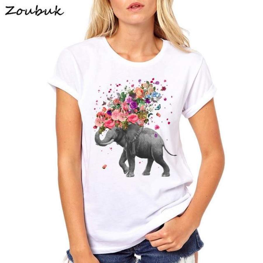 Flowers elephant design t shirt women fashion colorful print