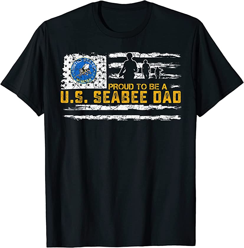 Vintage USA American Flag Proud To Be A Seabee Dad Military T-Shirt