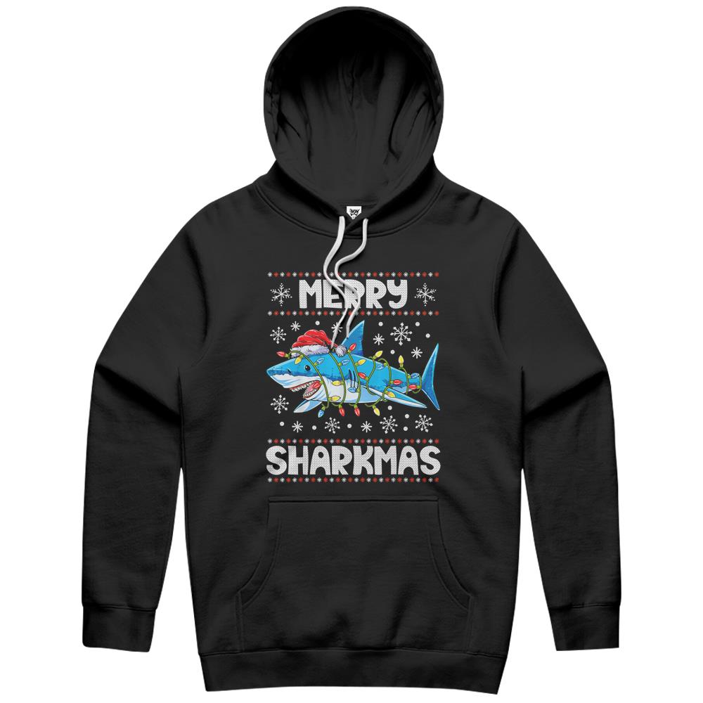 Merry Sharkmas Shark Santa Ugly Christmas Lights Boys Xmas Hoodie T-Shirt