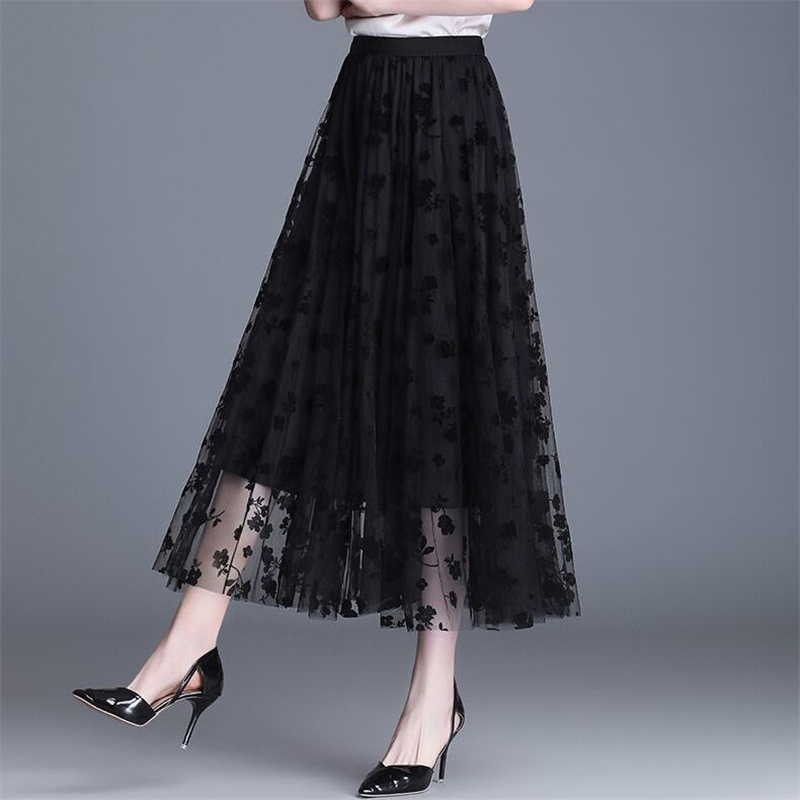 Vintage Floral Print Mesh Patchwork High Waist Elegant Skirts for Women Summer Pleated A-line Midi Skirt Faldas Mujer Moda 2022 alx