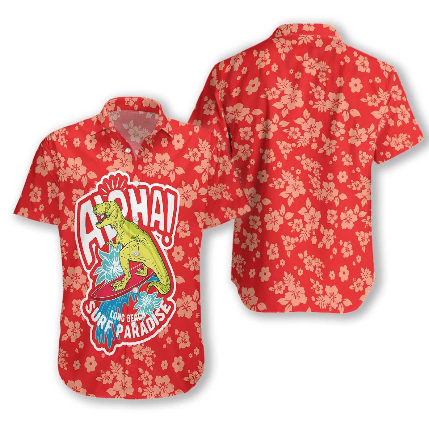 Aloha Surfing T-rex Dinosaur Ez21 2810 Hawaiian Shirt