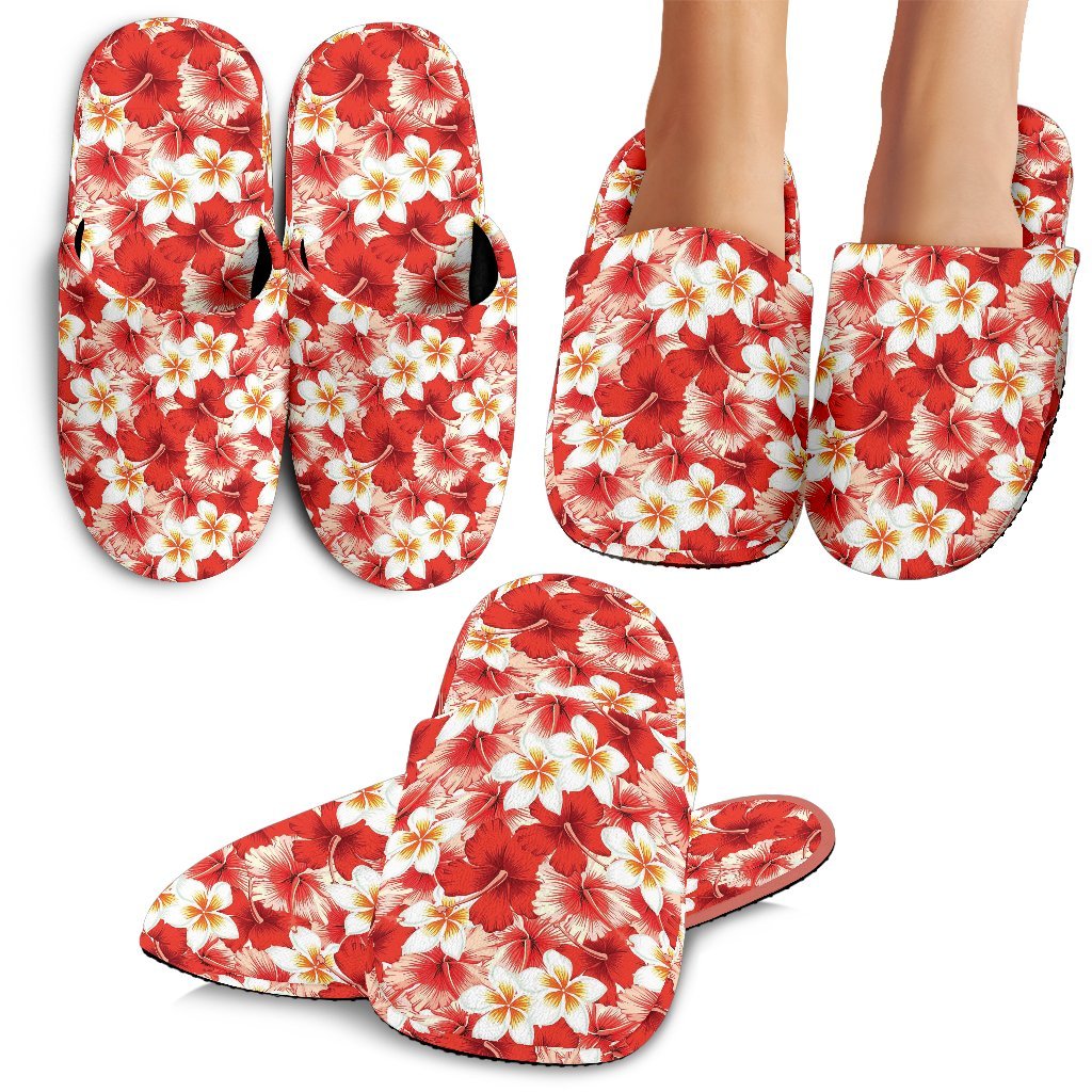 Hawaii Floral Tropical Flower Red Hibiscus Pattern Print Premium Home Slippers Ha37987