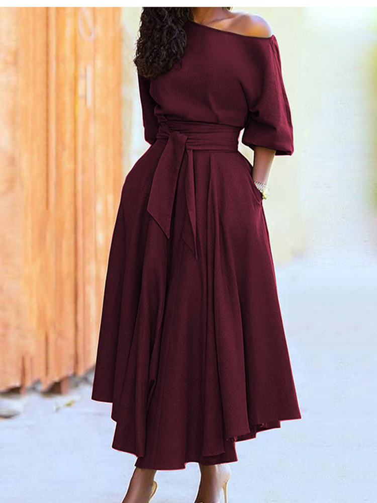 Spring Autumn Sexy Diagonal Collar Boho Dress New Fashion Casual Green Black Lace Up Elegant Maxi Dresses For Women Robe Femme alx