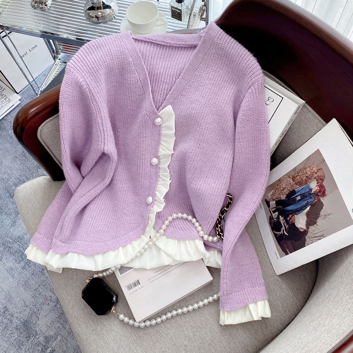 Circyy Ruffles Knitted Cardigan Women Sweater Korean Fashion Patchwork V-Neck Lady Clothes Casual Sweet Fashion Coat 2022 Purple alx