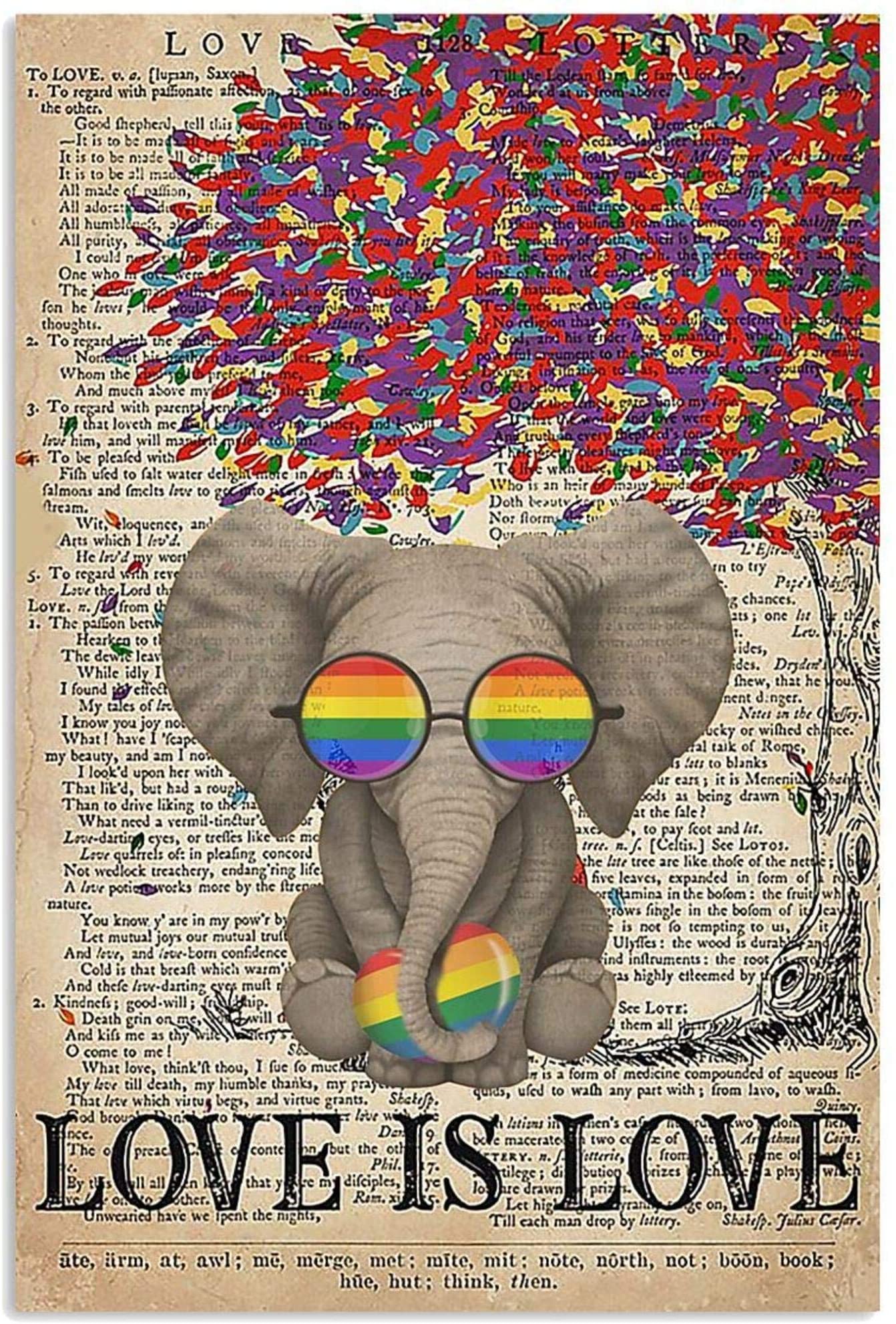 Skitongifts Poster No Frame, Lgbt Elephant Love Is Love Be Kind Tree Colorful Dictionary, Wall Art Decor