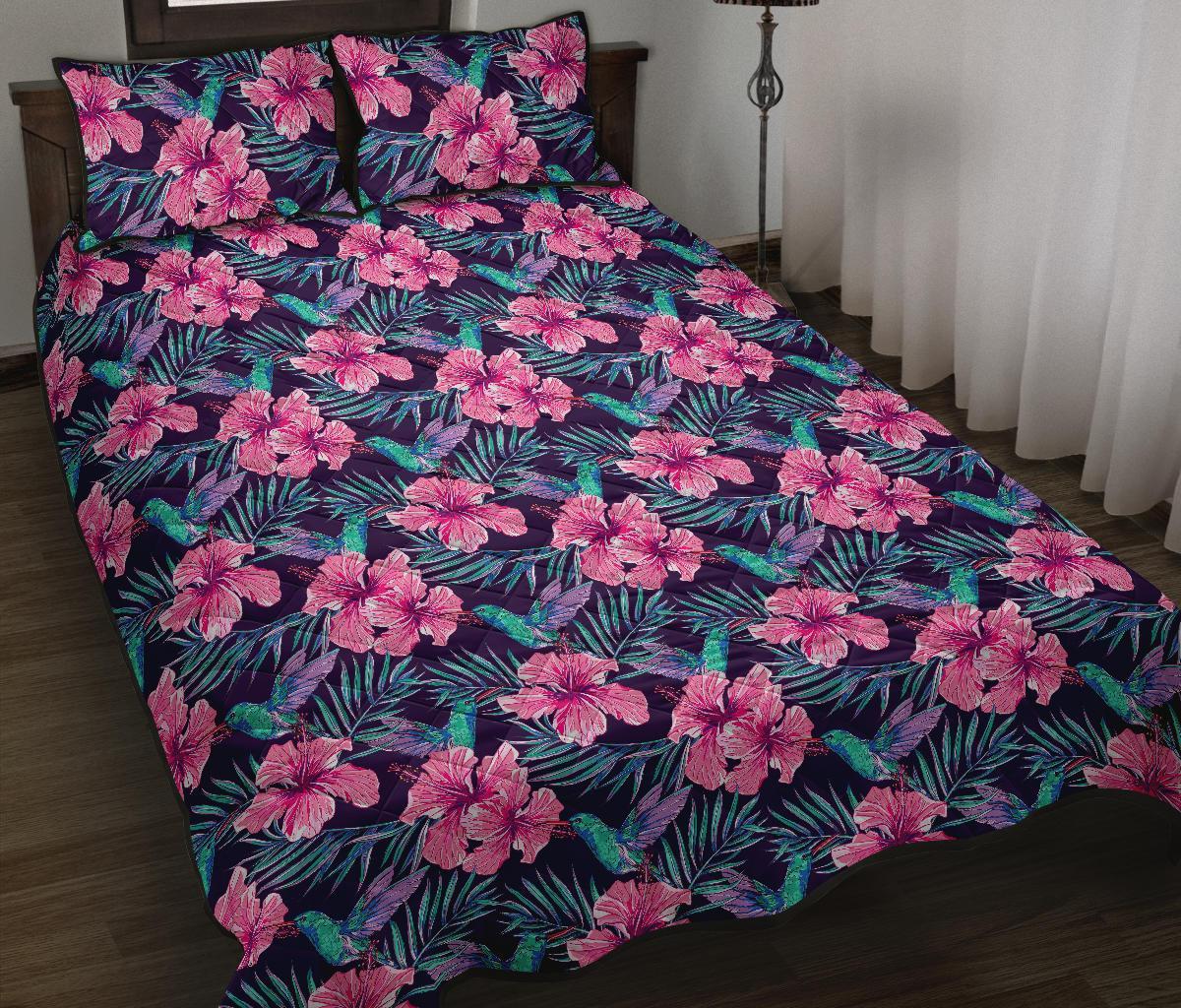 Hawaii Quilt Bed Set Tropical Flowers With Hummingbirds Palm Leaves AH J1