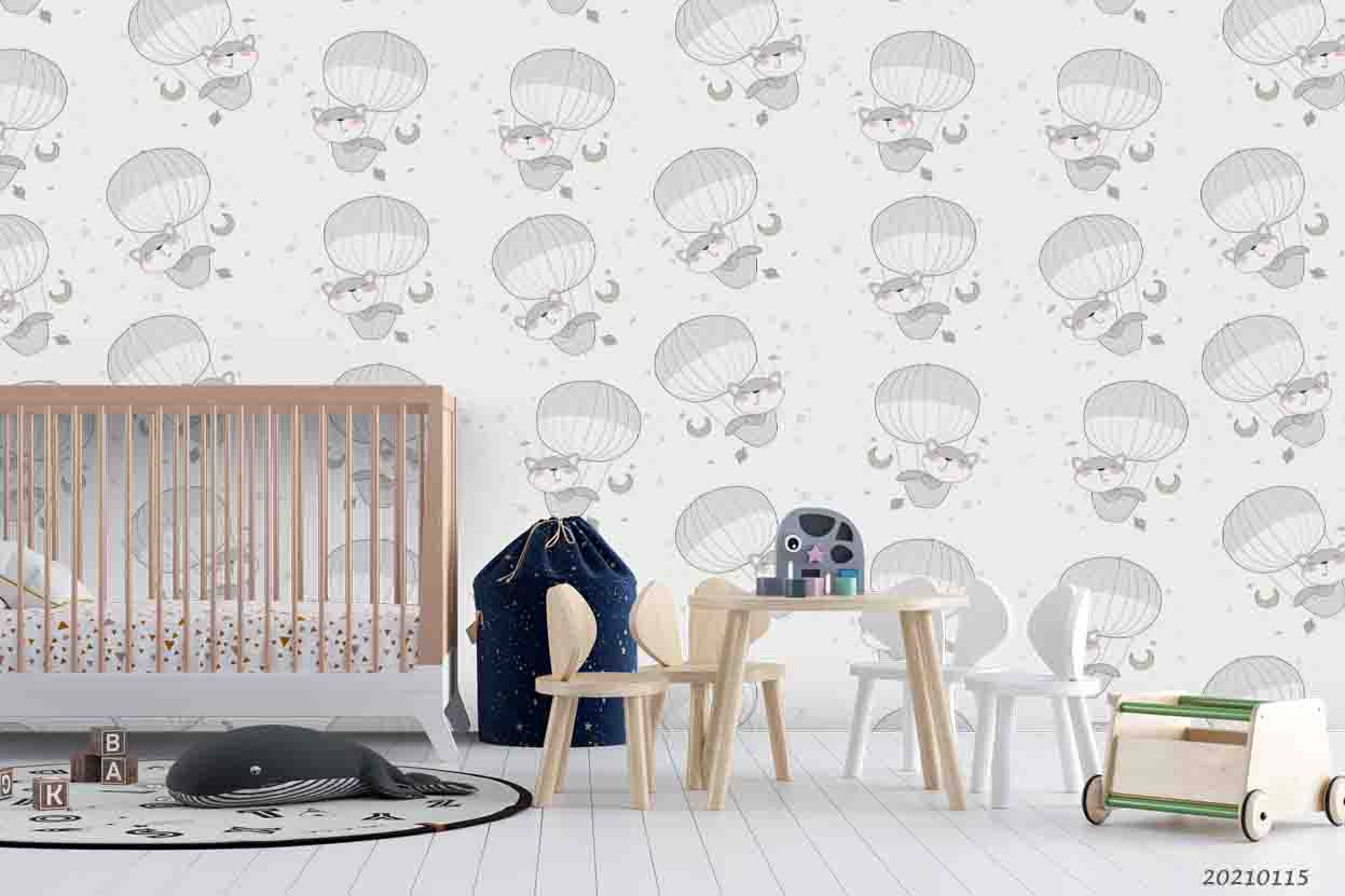 3D Cartoon Animals Hot Air Balloon Grey Wall Mural Wallpaper Lqh 68