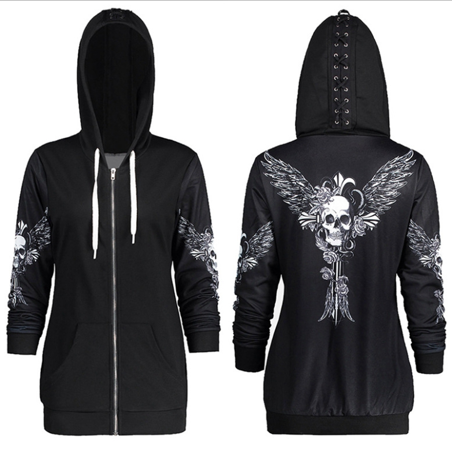 2021 Retro Punk Skull Wings Printed Black Women’s Hoodie Long Sleeve Casual All-match Streetwear Slim new Sweatshirt alx