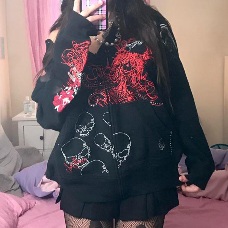 Aesthetic Up Vintage E-girl Gothic Tops Grunge Autunm Hoodies Sweatshirts Skull Harajuku Spring Y2K Dark Academia Print Zip Coat alx