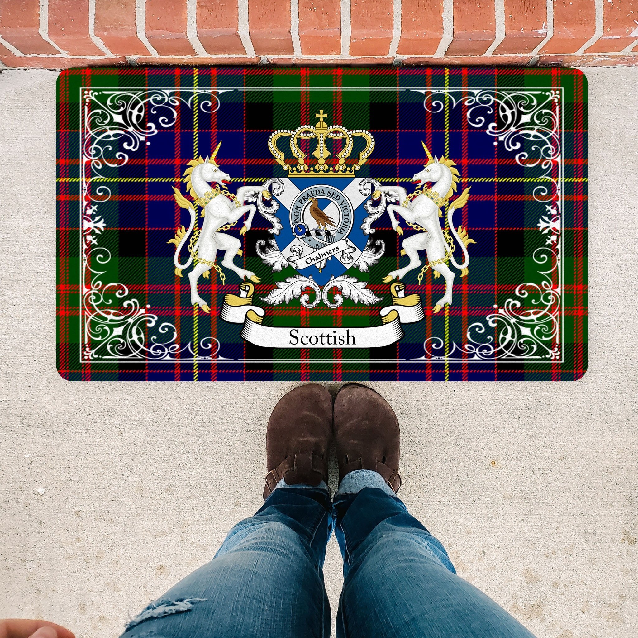 Scotstee Shop Tartan Door Mat Chalmers Clan Badge Tartan Scottish Plaid Doormat, Christmas Door Mat