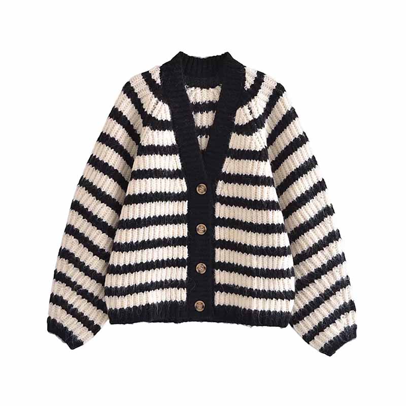 TRAF ZA 2021 V-neck Long Sleeve Loose Retro Striped Print Pullover Oversized Knit Cardigan Women’s Sweater Jacket Elegant Jacket alx