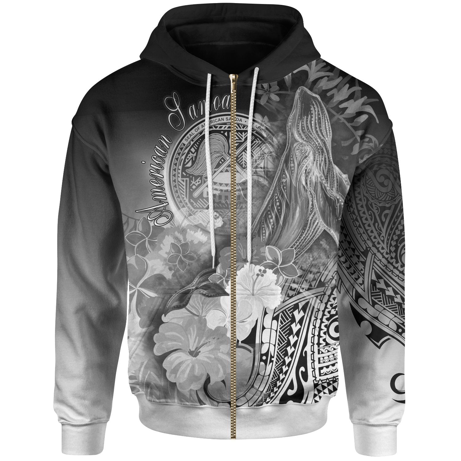 American Samoa Polynesian Zip-Up Hoodie – Humpback Whale With Tropical Flowers (White)