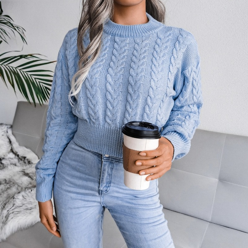 Autumn and Winter Pullover Women Sweater Fashion Knitted Crop Sweater O Neck Twist Navel Casual Long Sleeve Top Pull Femme 18132 alx