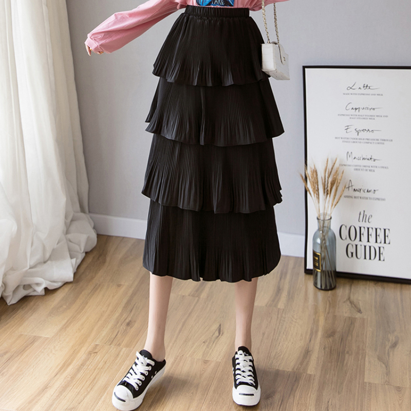 Summer Chiffon Pleated Cake Skirt Women Elastic High Waist Korean Elegant Casual Ruffles A-Line Mid Length Skirts Female Clothes alx