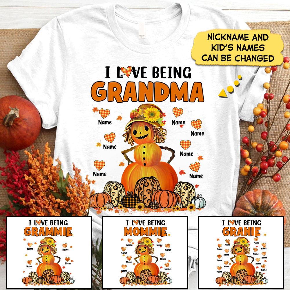 Personalized I Love Being Grandma Pumpkins With Heart Shirt, Grandma Halloween Shirt, Custom Grandma With Grandkids Name Shirt