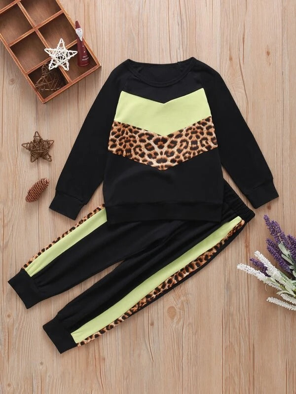 Toddler Girls Contrast Panel Leopard Sweatshirt With Sweatpants