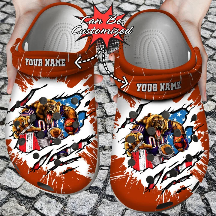 Football Crocss – Personalized Chicago Bears Mascot Ripped Flag Clog Shoes