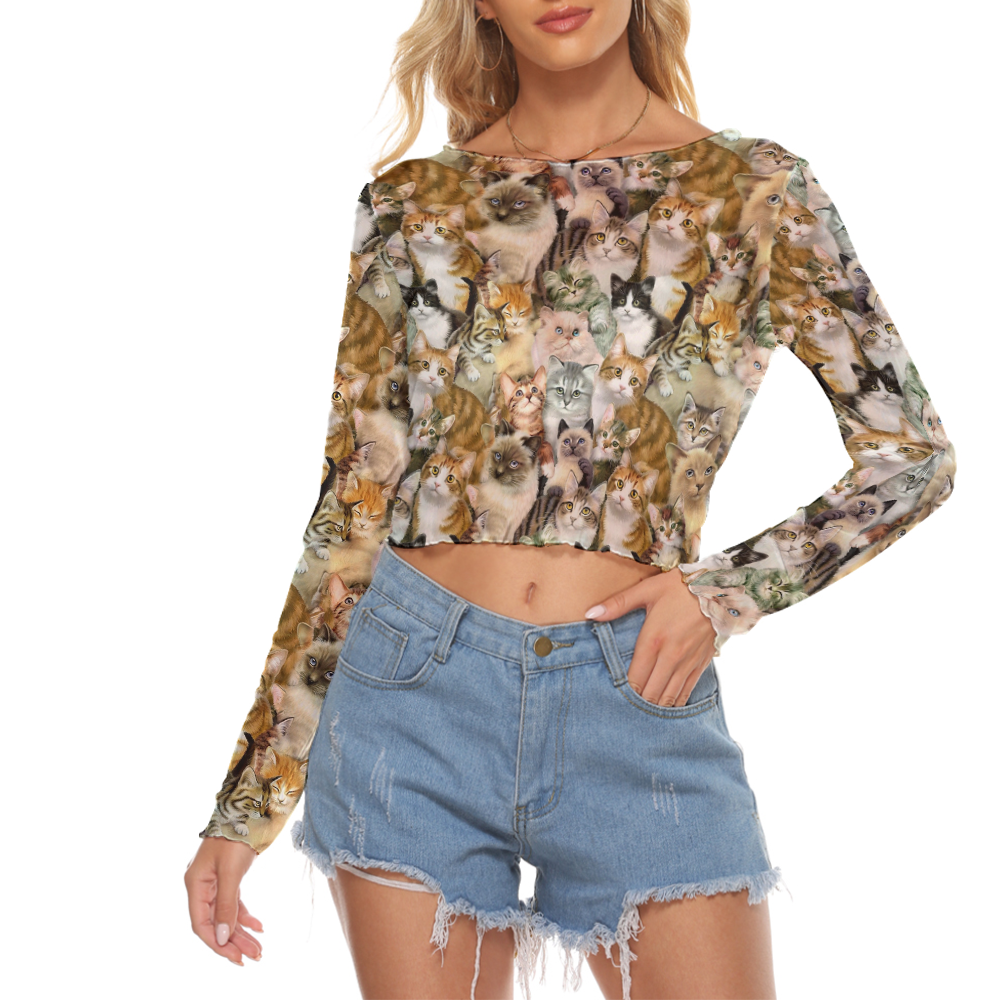 All Over Print Cute Kitten Mesh Long Sleeves Crop Top