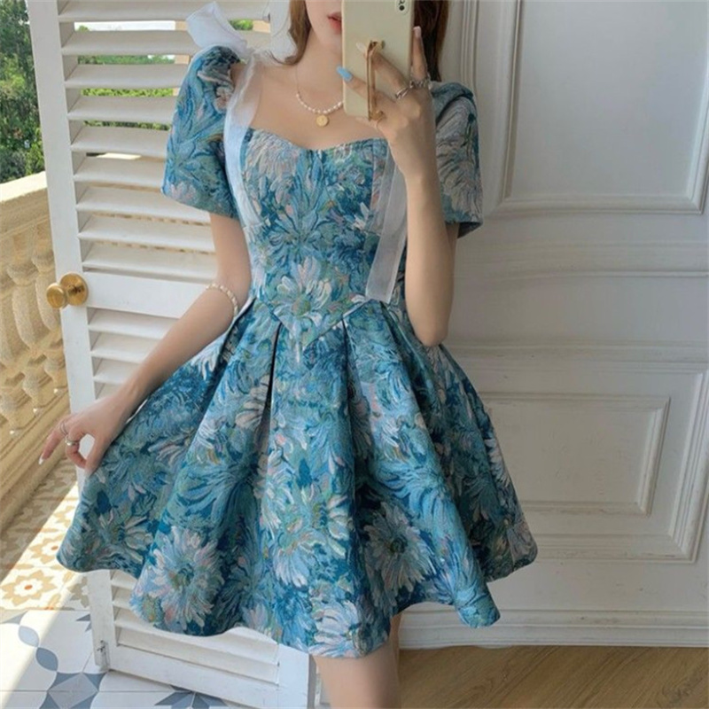 Women Summer Vintage Party Dress Y2K Ladies France Puff Sleeve Sweet Girls Floral Print Square Bandage Mini Dresses Vestido 2021 alx