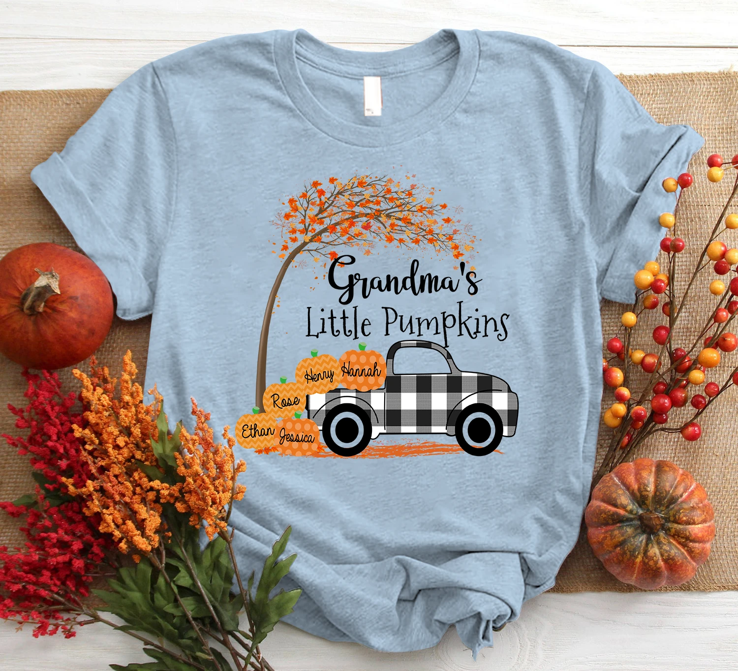 Grandmas Little Pumpkins Autumn Truck Plaid Shirt Custom Grandma With Grandkids Names Shirt Gift For Grandma