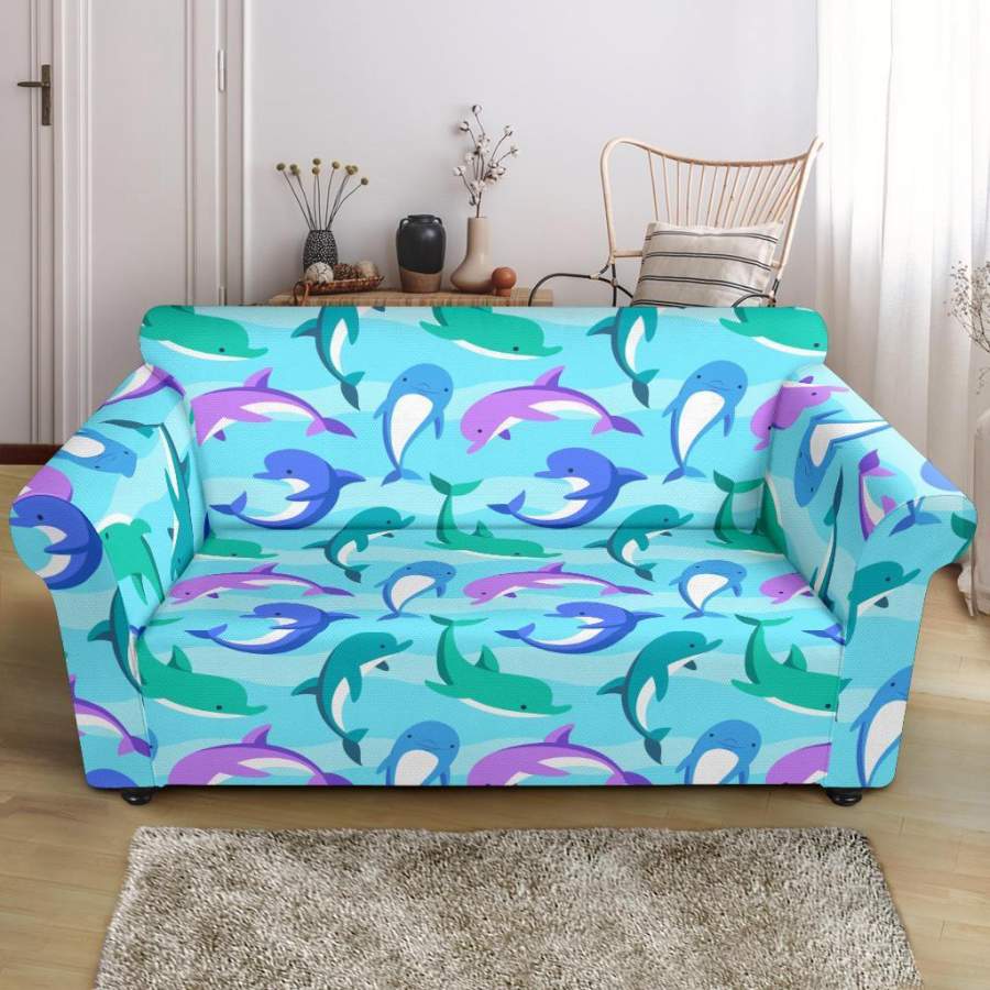 Colorful Dolphin Pattern Print Loveseat Cover