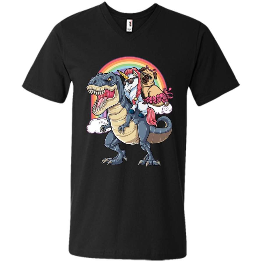 Unicorn and Pit Pug Dog Riding Dinosaur Rainbow – Canvas Unisex V-Neck Shirt