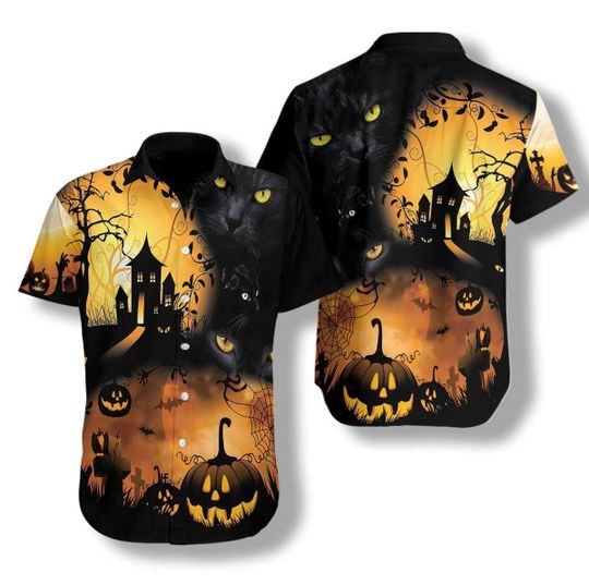 Halloween Night With Black Cat Hawaii Unisex Print Aloha Short Sleeve Casual Shirt Ha51241