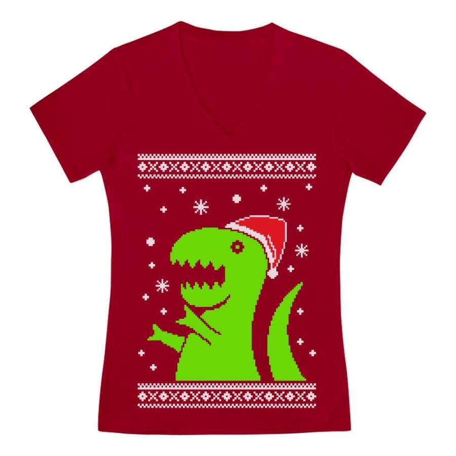 Big Green Trex Santa Ugly Christmas Sweater Funny Xmas V-Neck Fitted Women T-Shirt