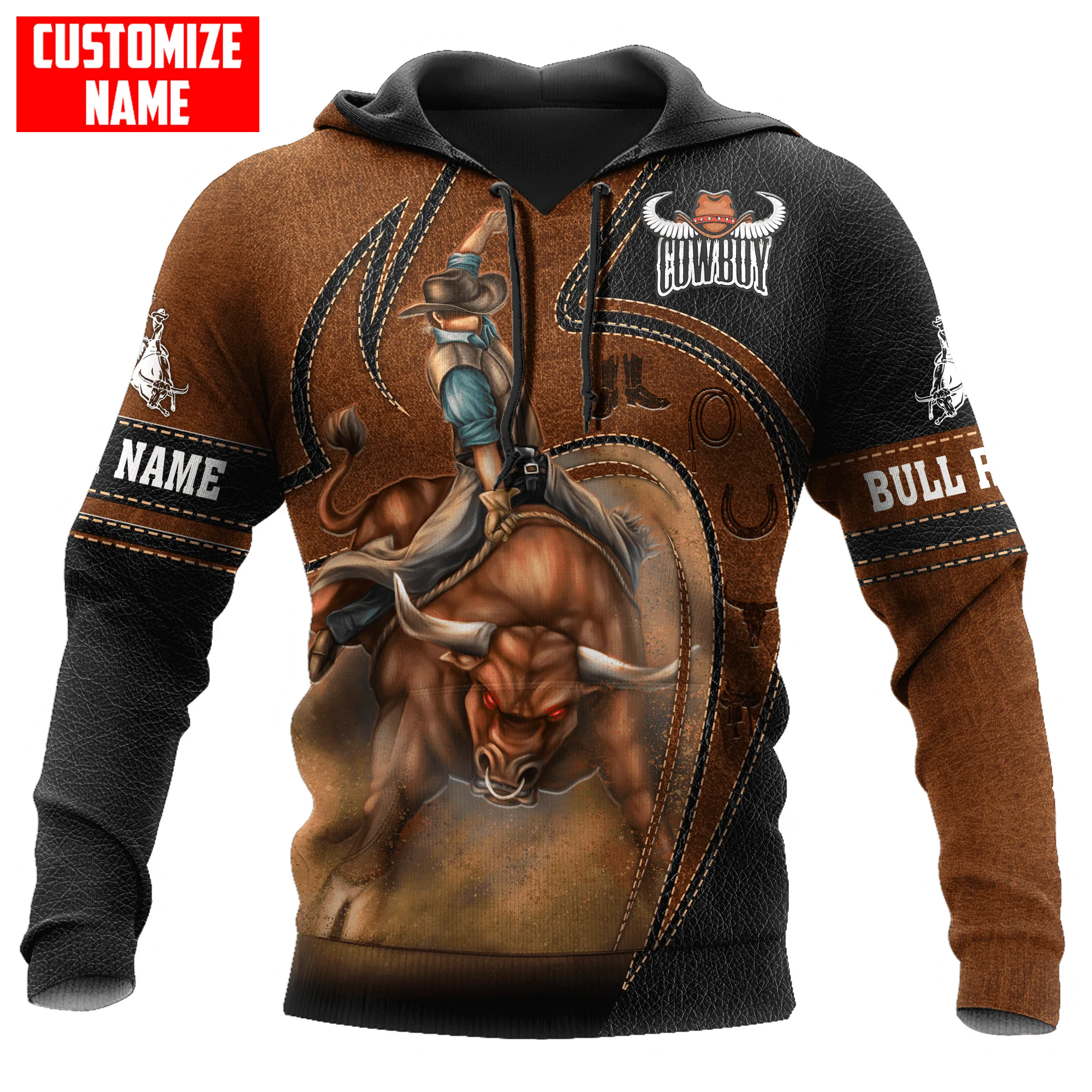 Custom Cowboy Hoodie, Bull Riding Hoodie Leather Pattern, Present To Cowboy Son Dad, Cowboy Gift