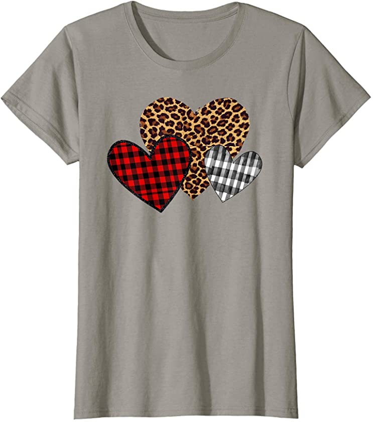 Valentine Three Hearts Leopard Buffalo Plaid Valentine’s day T-Shirt