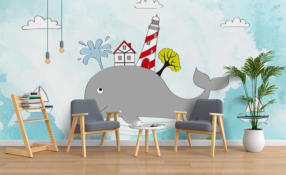 3D Cartoon Shark Lighthouse Wall Mural Wallpaper Sf90