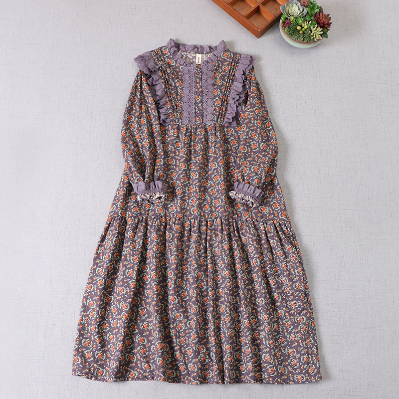 Sweet Lace Collar Floral Dress With Age Reduction Japanese Cute Girl Printing Mid-Length Skirt Spring New alx