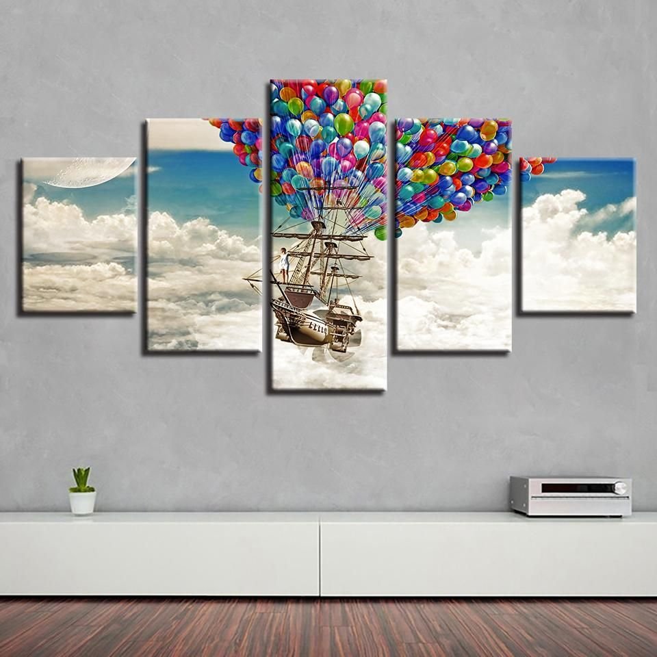 Colorful Balloons Airship Landscape Nature 5 Panel Canvas Art Wall Decor
