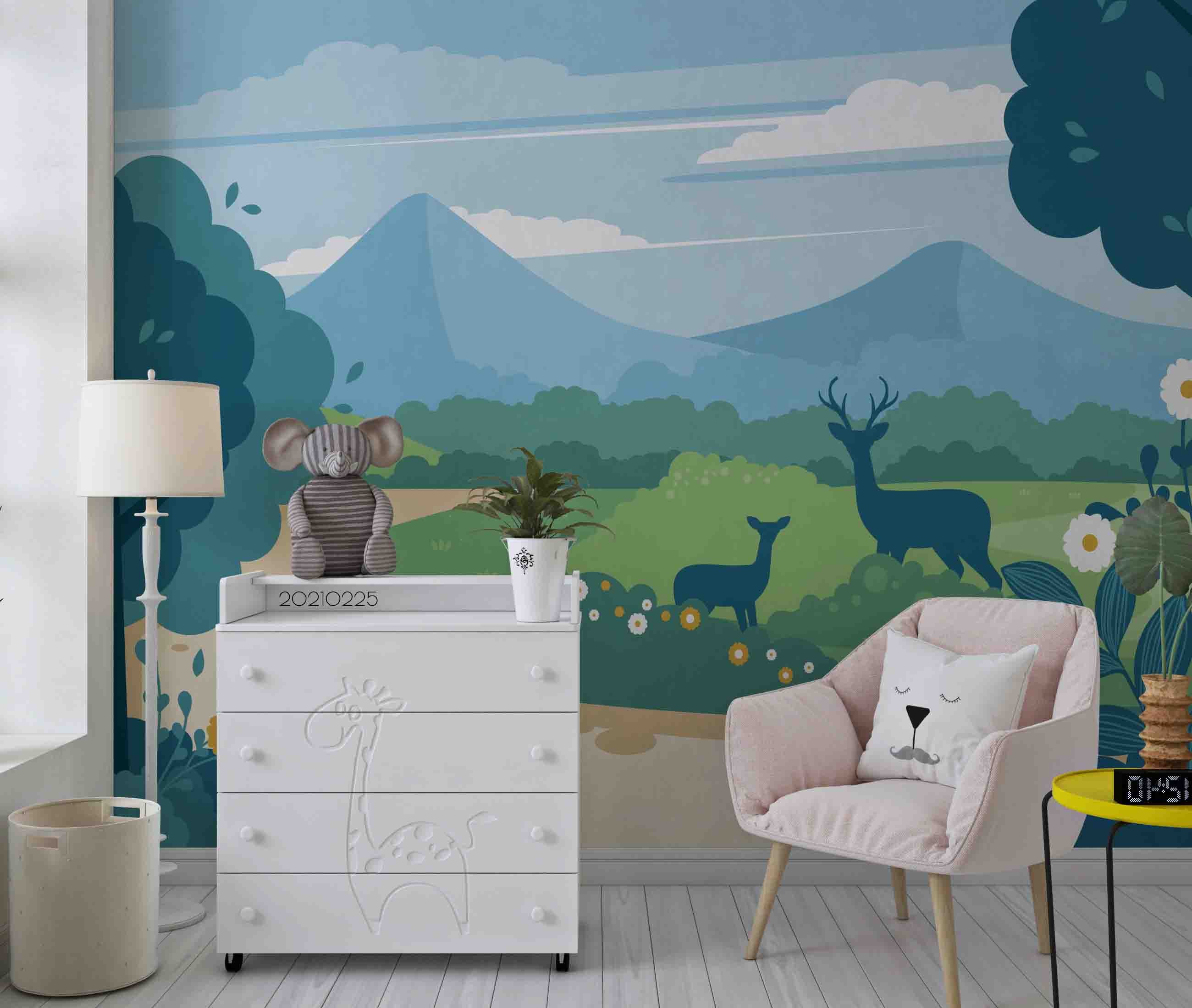 3D Cartoon Sky Forest Animal Elk Wall Mural Wallpaper Lqh 215