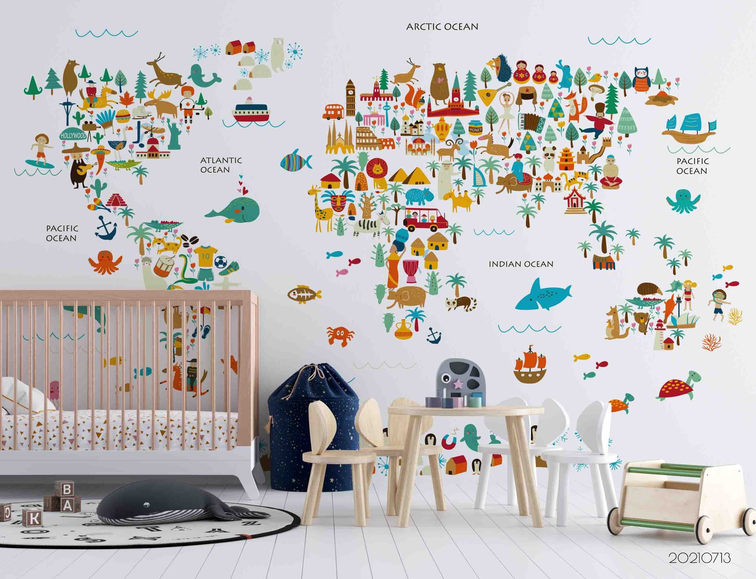 3D Cartoon World Map Animals Wall Mural Wallpaper Lqh 200