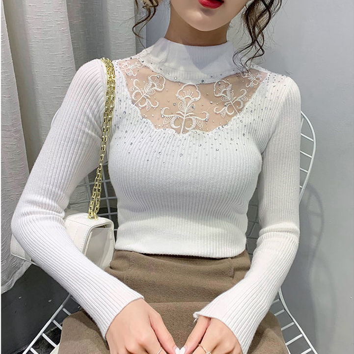 Woman Sweaters Chandails Turtleneck Lace Sweater Women’s Underwear Autumn Winter Fashionable Long Sleeve Mesh Sweater alx