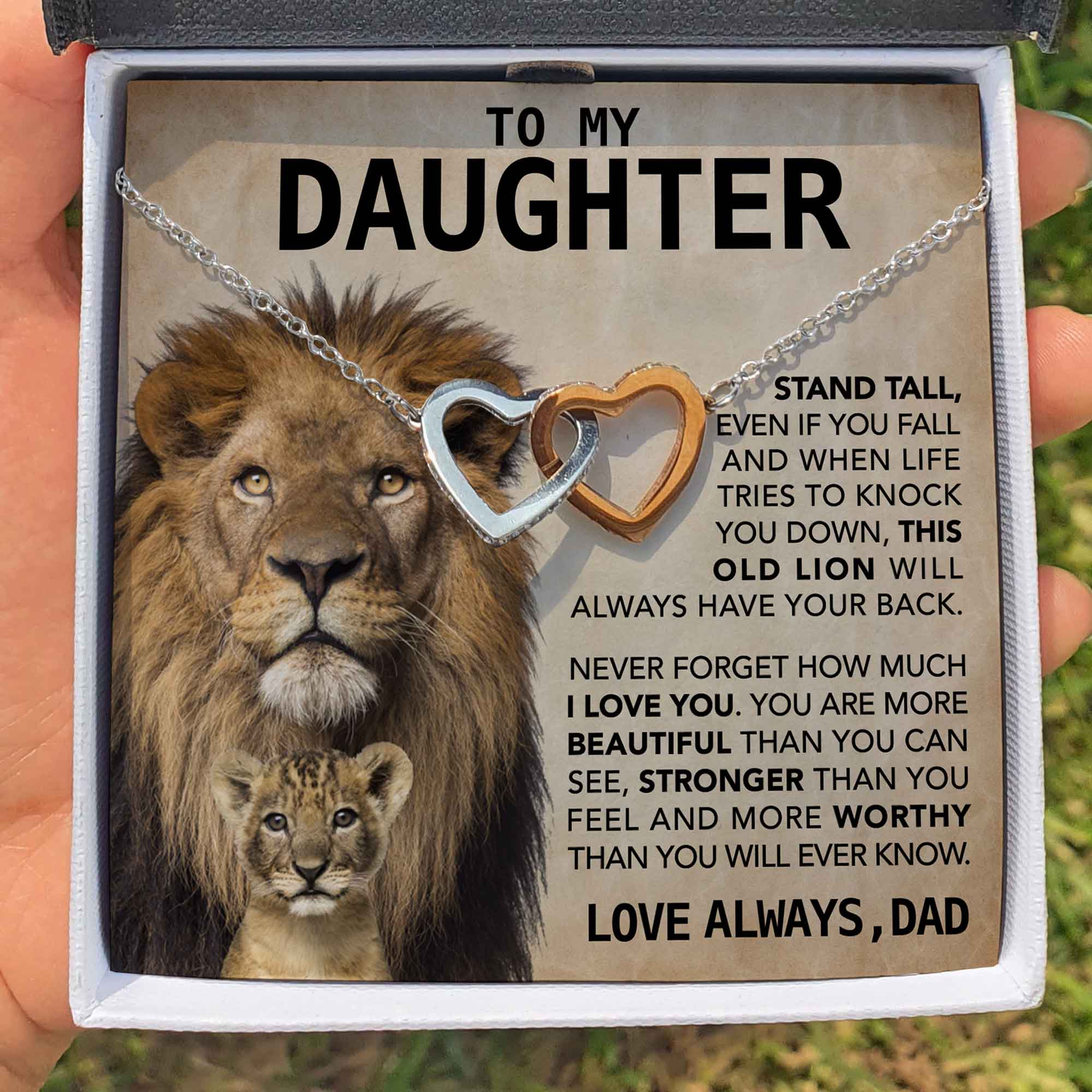 To My Daughter Double Hearts Lion Necklace – This Old Lion Will Always Have Your Back Birthday Gift For Daughter From Dad Message Card For Daughter