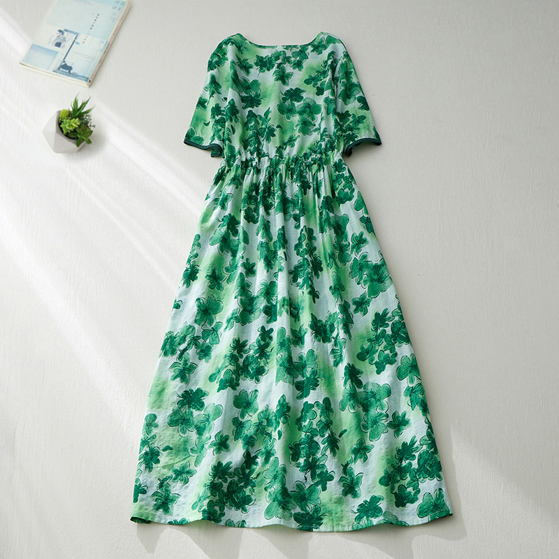 2022 New Arrival V-neck Print Floral Thin Soft Loose Cozy Summer Dress Draw String Office Lady Work Dress Women Casual Dress alx