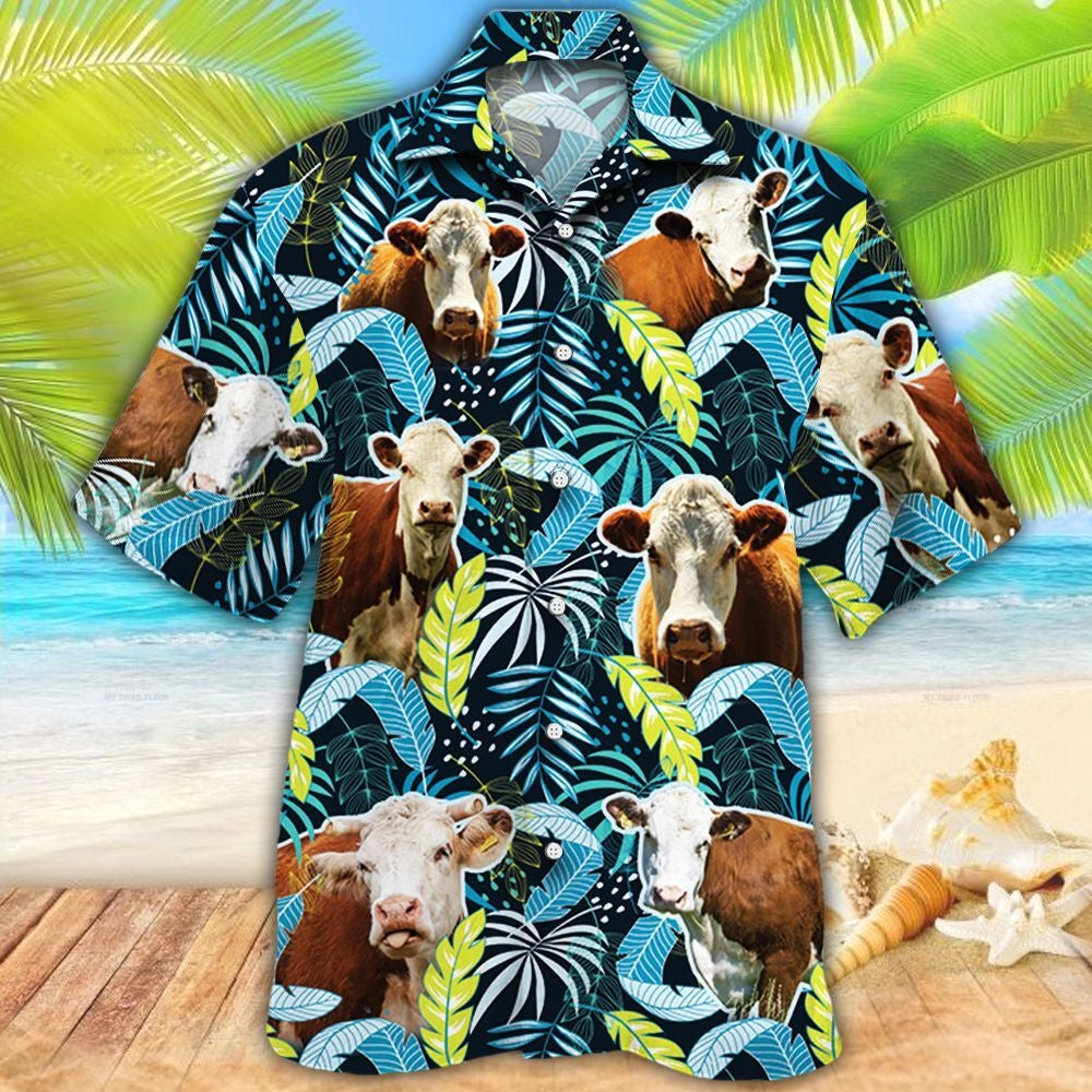 Hereford Cattle Lovers Jungle Leaves Hawaii Shirt Ha91012