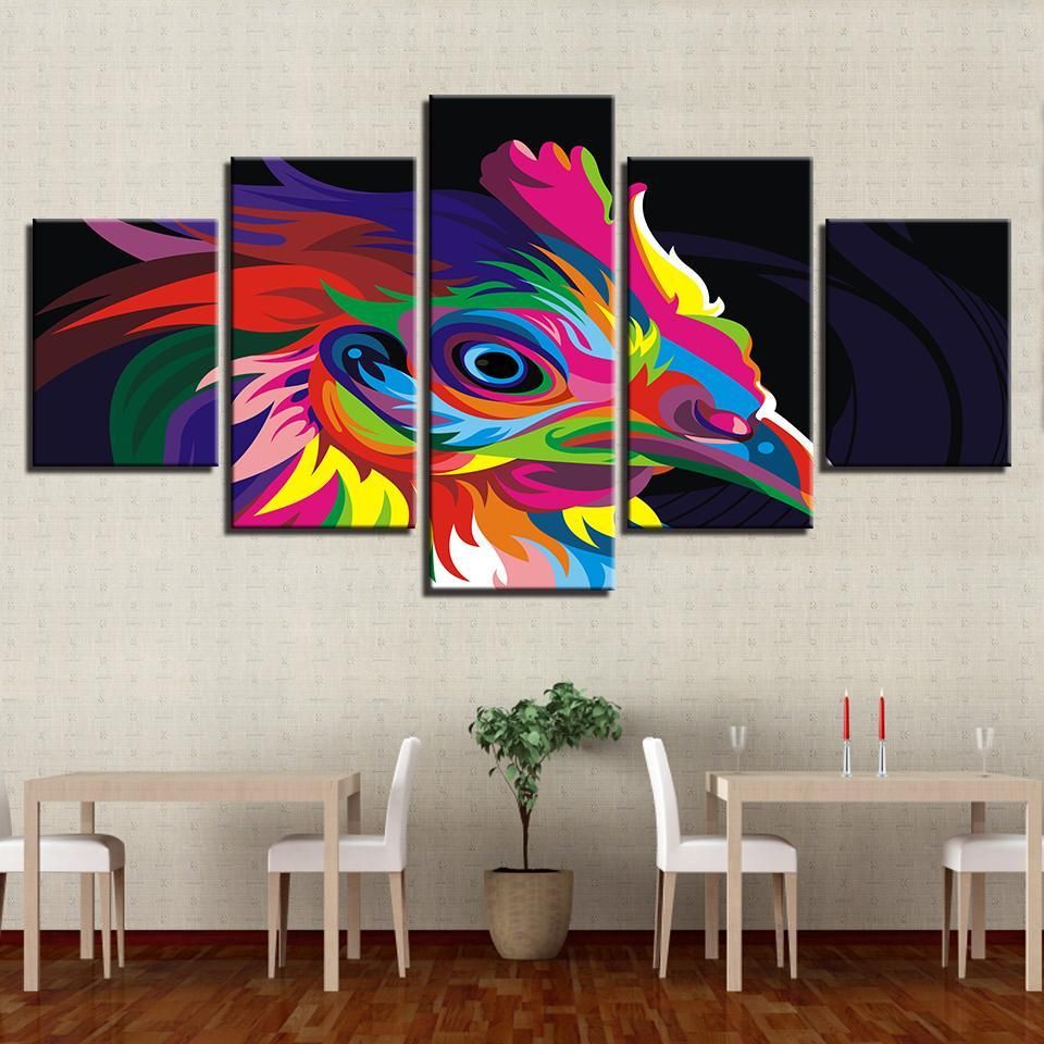 Rainbow Color Bird Chicken Animal 5 Panel Canvas Art Wall Decor