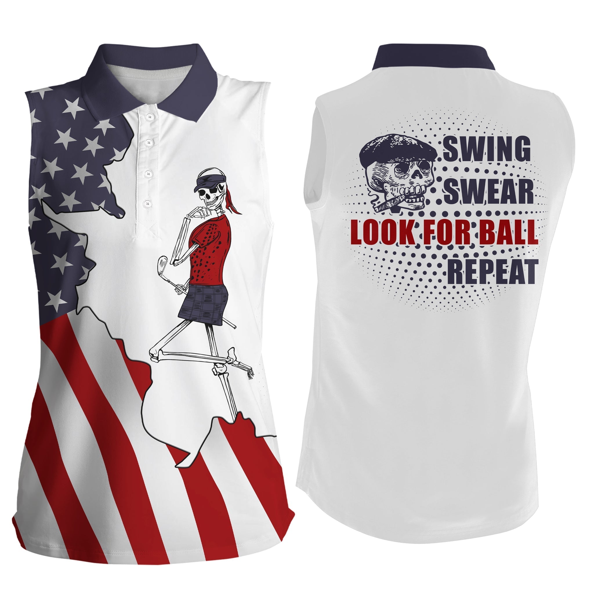 American Flag Patriotic Womens Sleeveless Polo Shirt Golf Skull Swing Swear Look For Ball Repeat