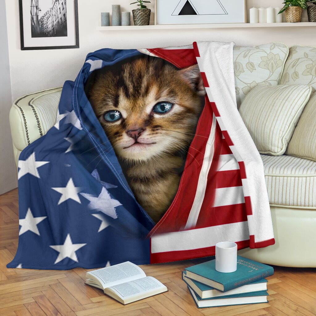 Kitten Opened American Flag Independence Day Cat Blanket 0622