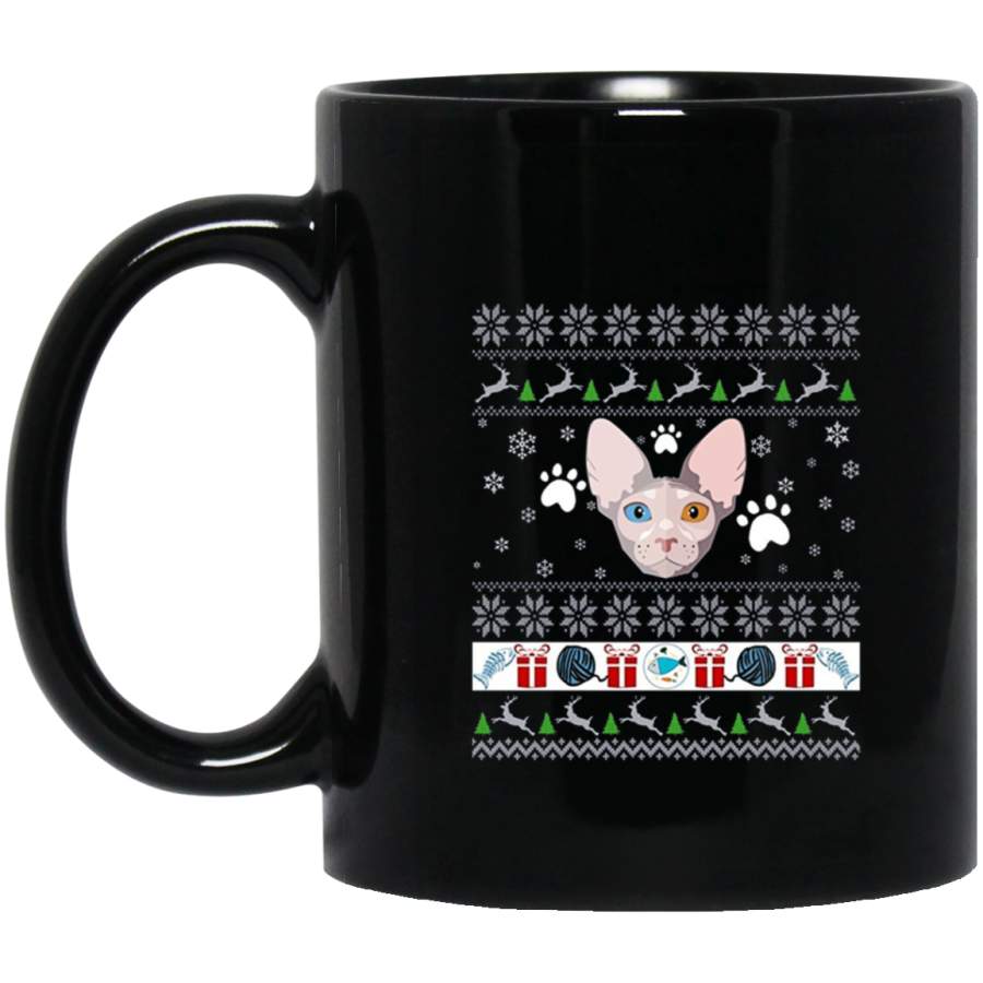 Ugly Christmas Sweater Cute Sphynx Cat Lovers Xmas 11 oz 15 oz Black Mug