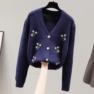 2022 Spring And Autumn Fashion New French V-neck Floral Knitted Sweater Women Western Casual Short Long Sleeve Cardigan Suéteres alx