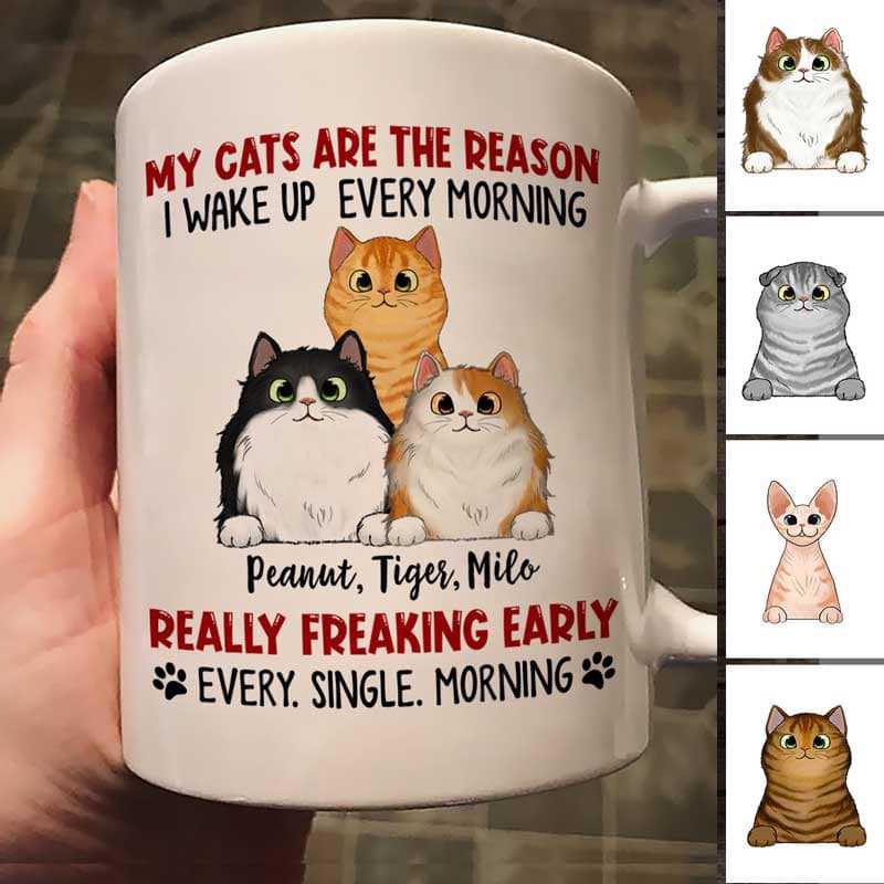 Peeking Fluffy Cats Reason I Wake Up Early Personalized Mug