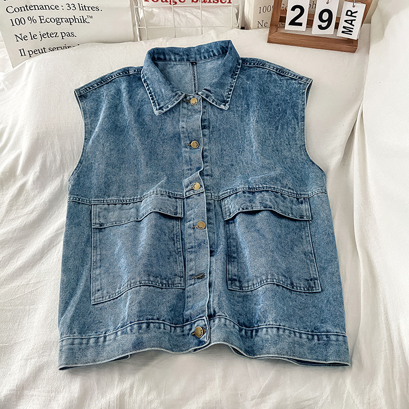 Women Denim Blue Vests Turn-down Collar Sleeveless Waistcoats Fashion All-match Students Harajuku Streetwear Summer Coats Korean alx