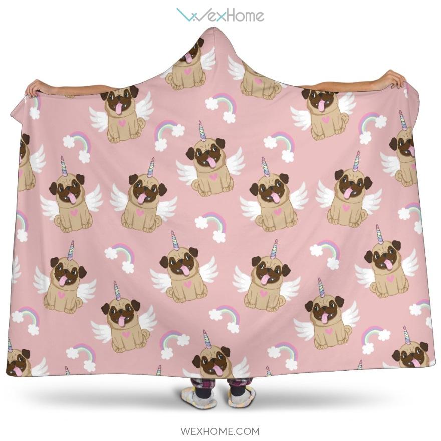 Cute Unicorn Pug Pattern Hooded Blanket