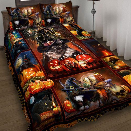 83DDTCT-Black Cat Halloween Quilt Bed Set