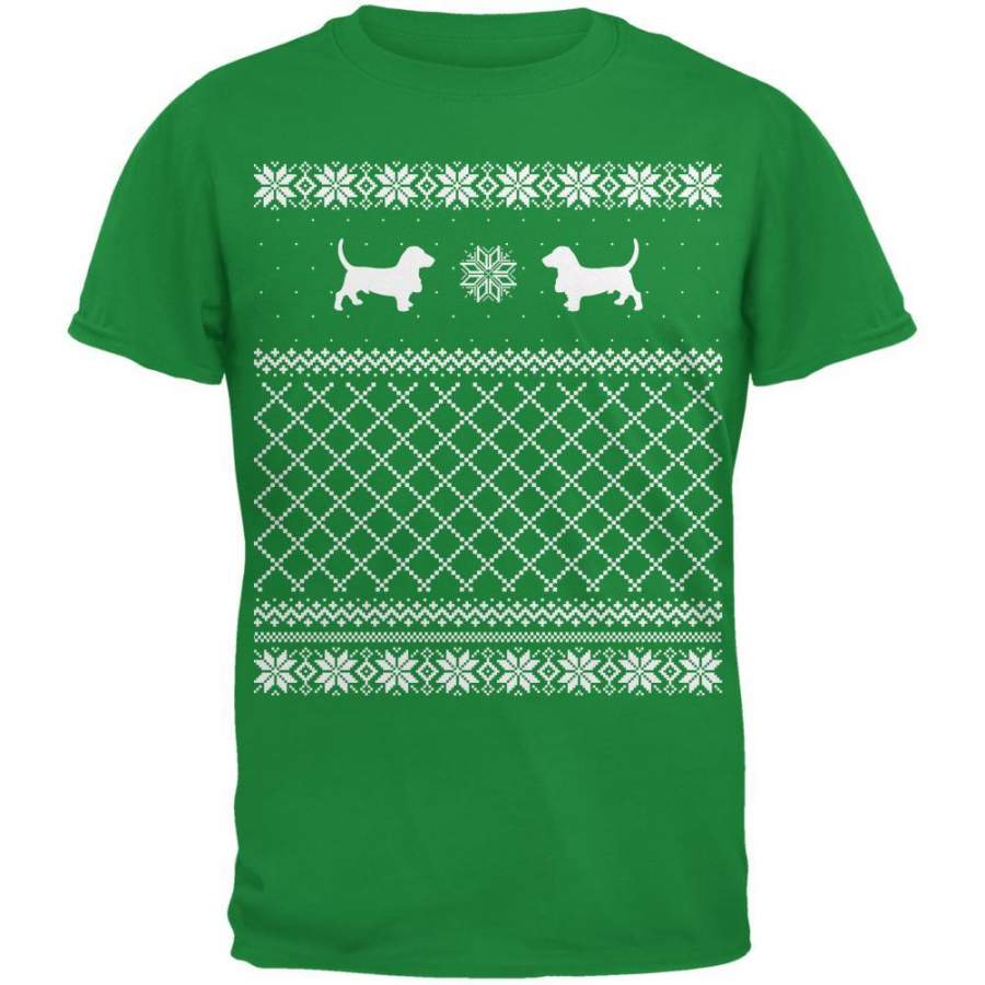 Basset Ugly Christmas Sweater Irish Green Adult T-Shirt